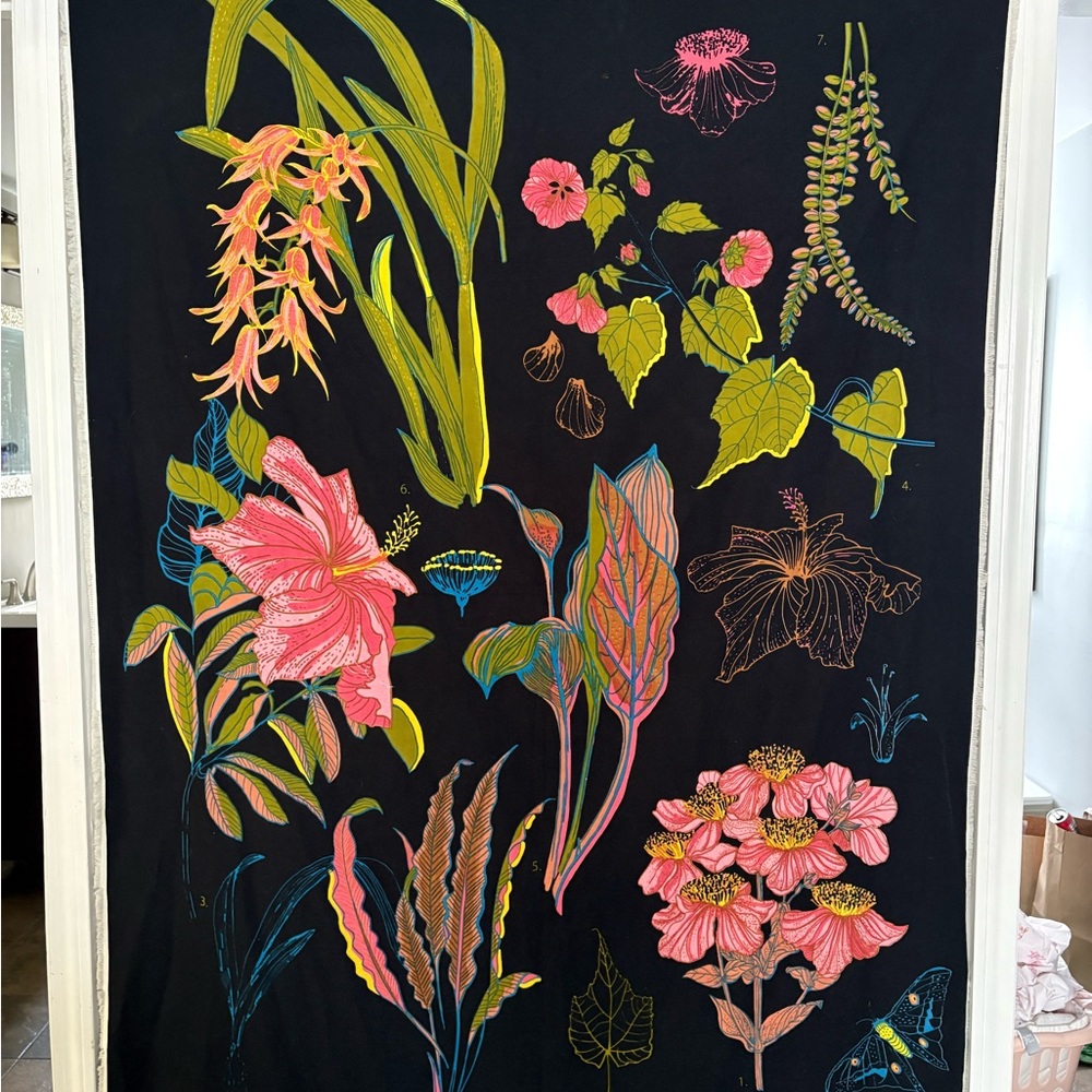 Urban Outfitters Home Black Tapestry with Pink and Green Floral Design